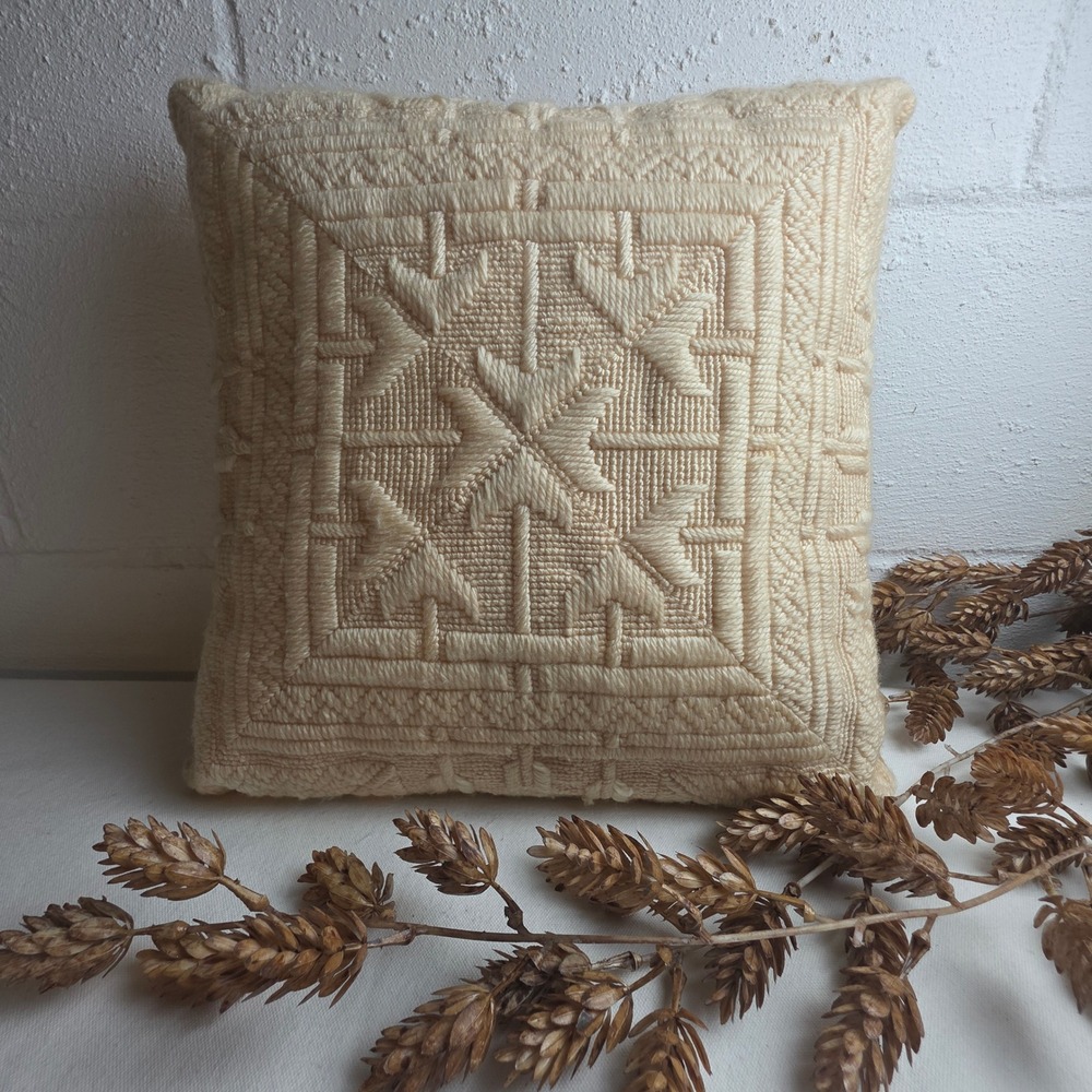 Handmade Cream Wool Needlepoint Geometric Star Textured Square Throw Pillow